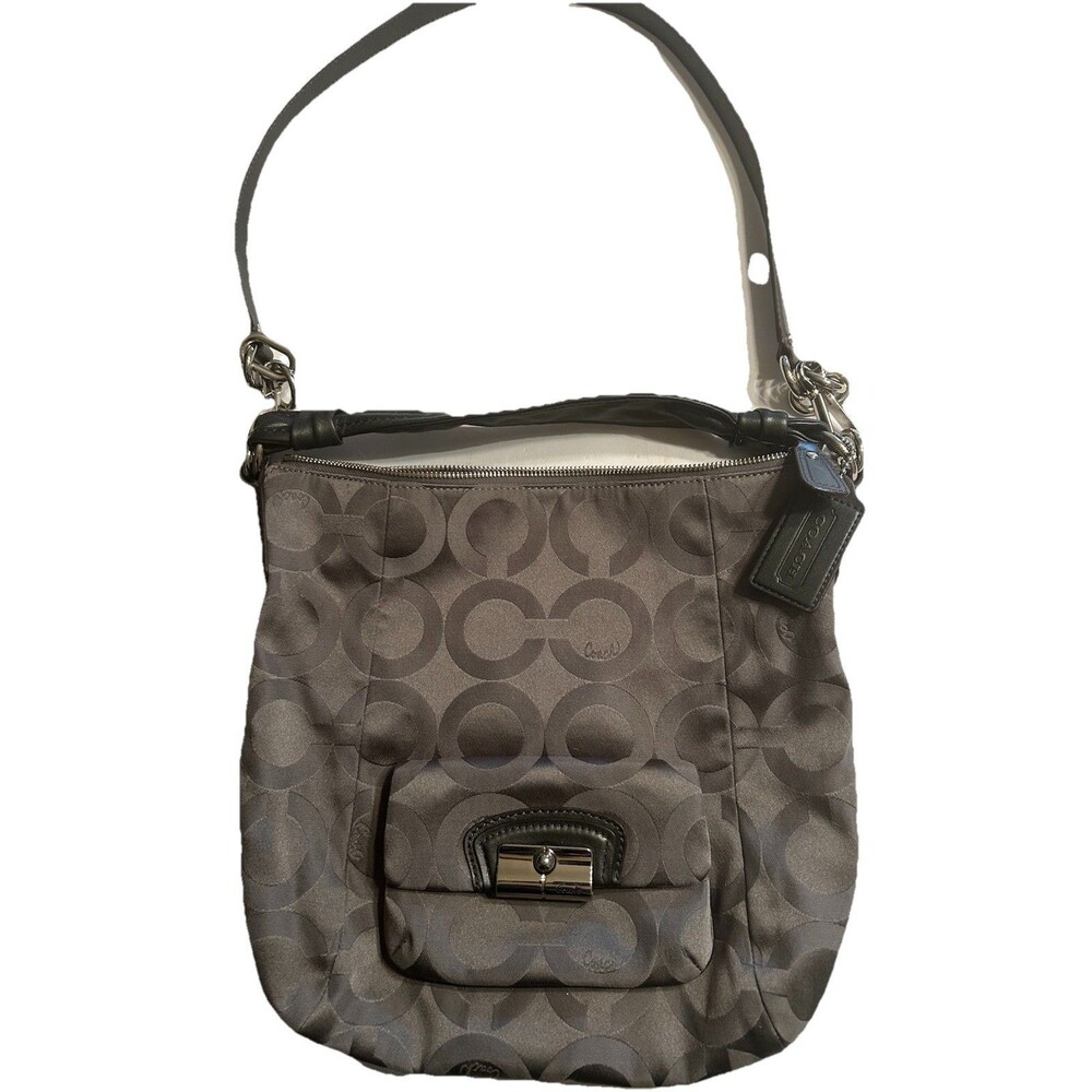 Coach Kristin OP Art Sateen Signature Silver Gray Hobo Bag Purse 23742E